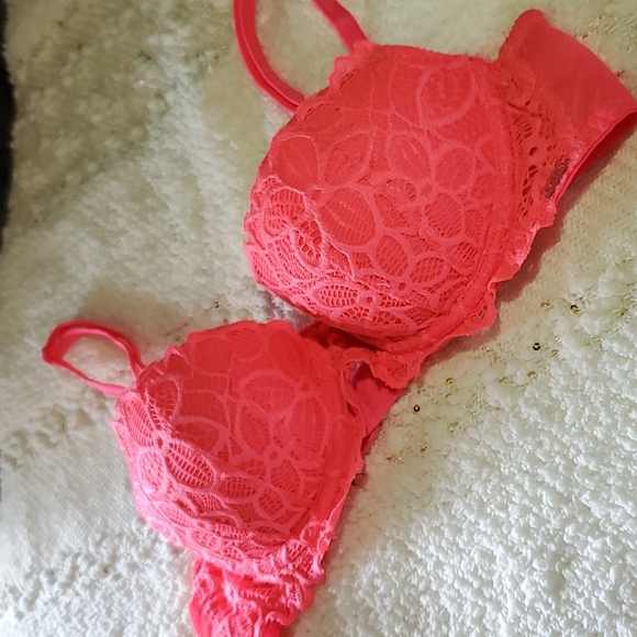 Victoria Secret/Pink Push-up Bra 34A Neon Pink (Lace) - Picture 1 of 7